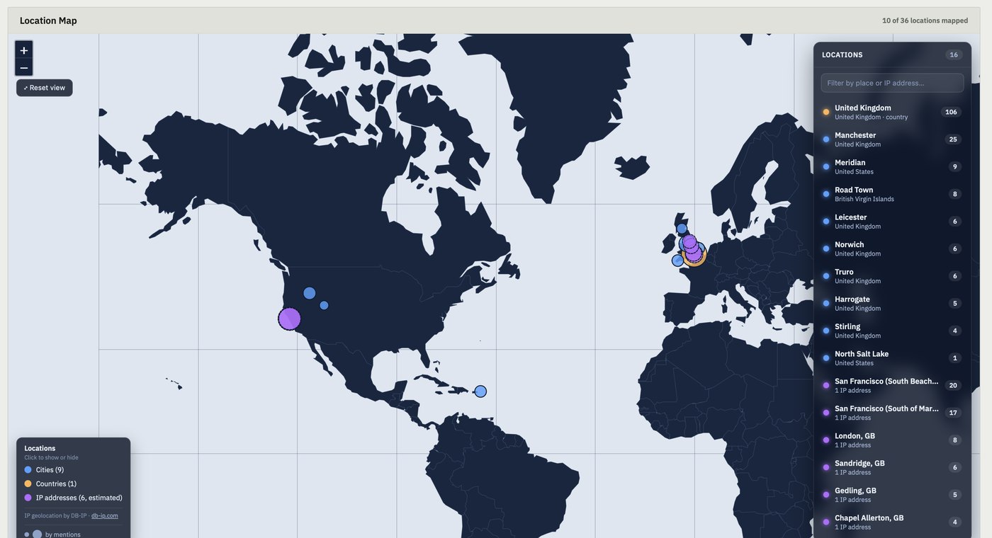 The location map, plotting cities, countries and IP addresses found in the case